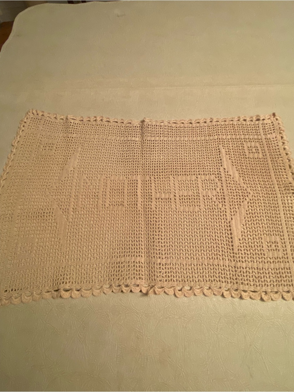 Vintage Handmade Crochet Rectangular “Mother’ Doily in Cream
